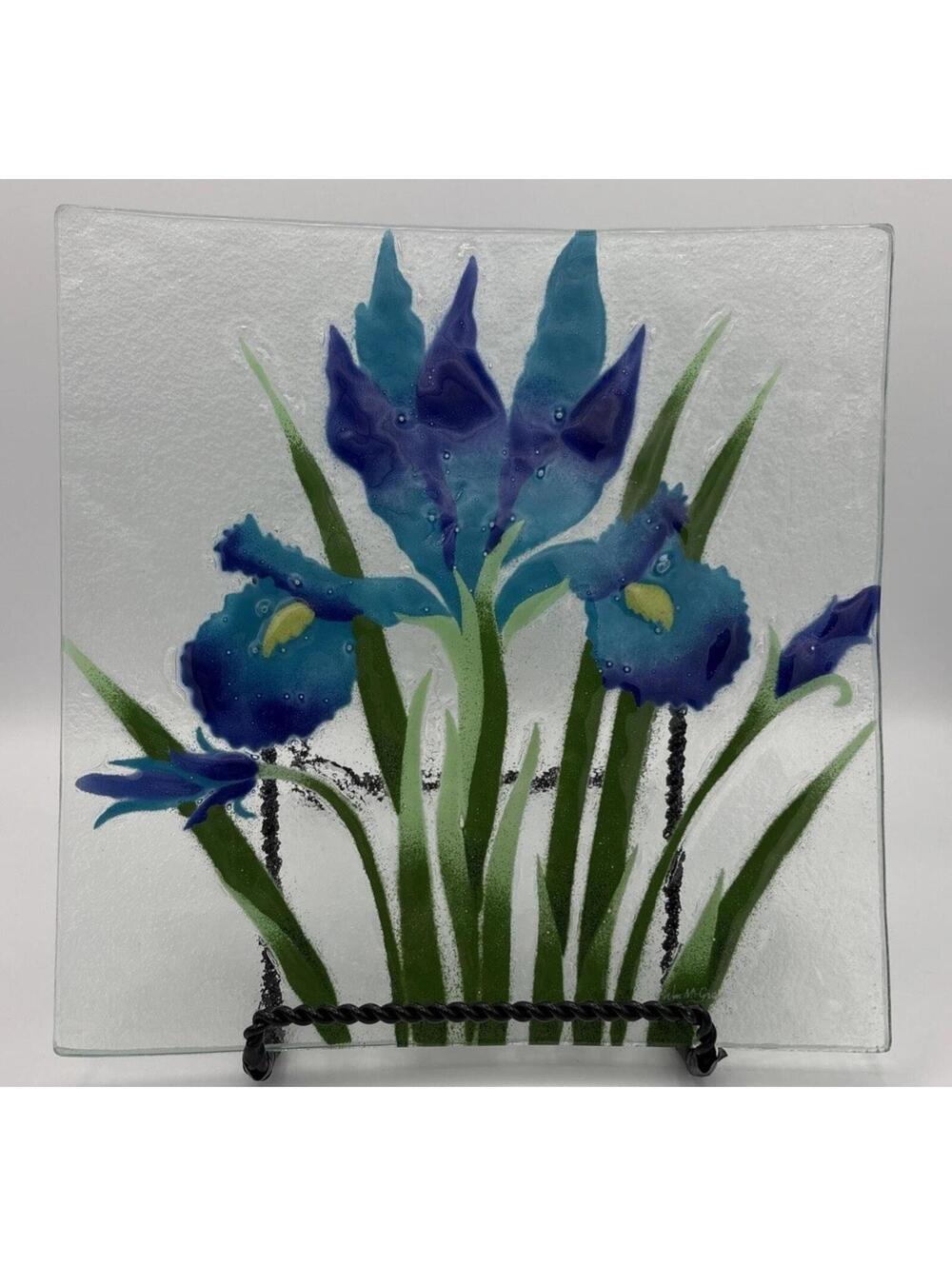 Fusion Art Glass Signed Plate William McGrath "Iris Sky" 10” Square With Box